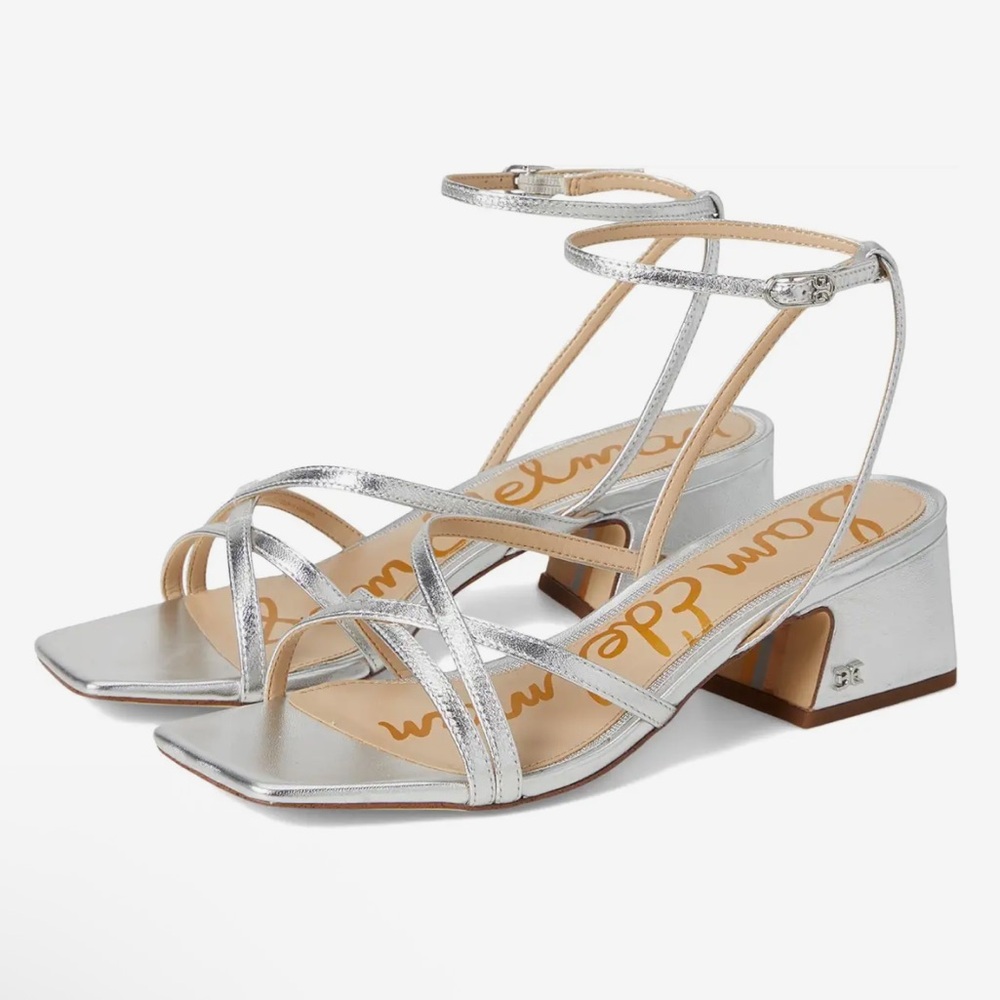 Sam Edelman Soft Silver Leather Whitley Ankle Strap Block Heel Sandals